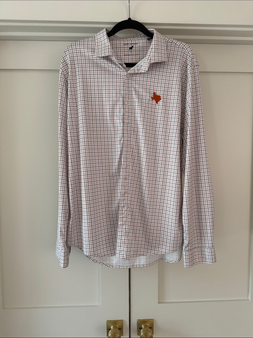 Horn’s LegenMen's White & Blue Checked Long-Sleeve Shirt with Orange Texas Patch